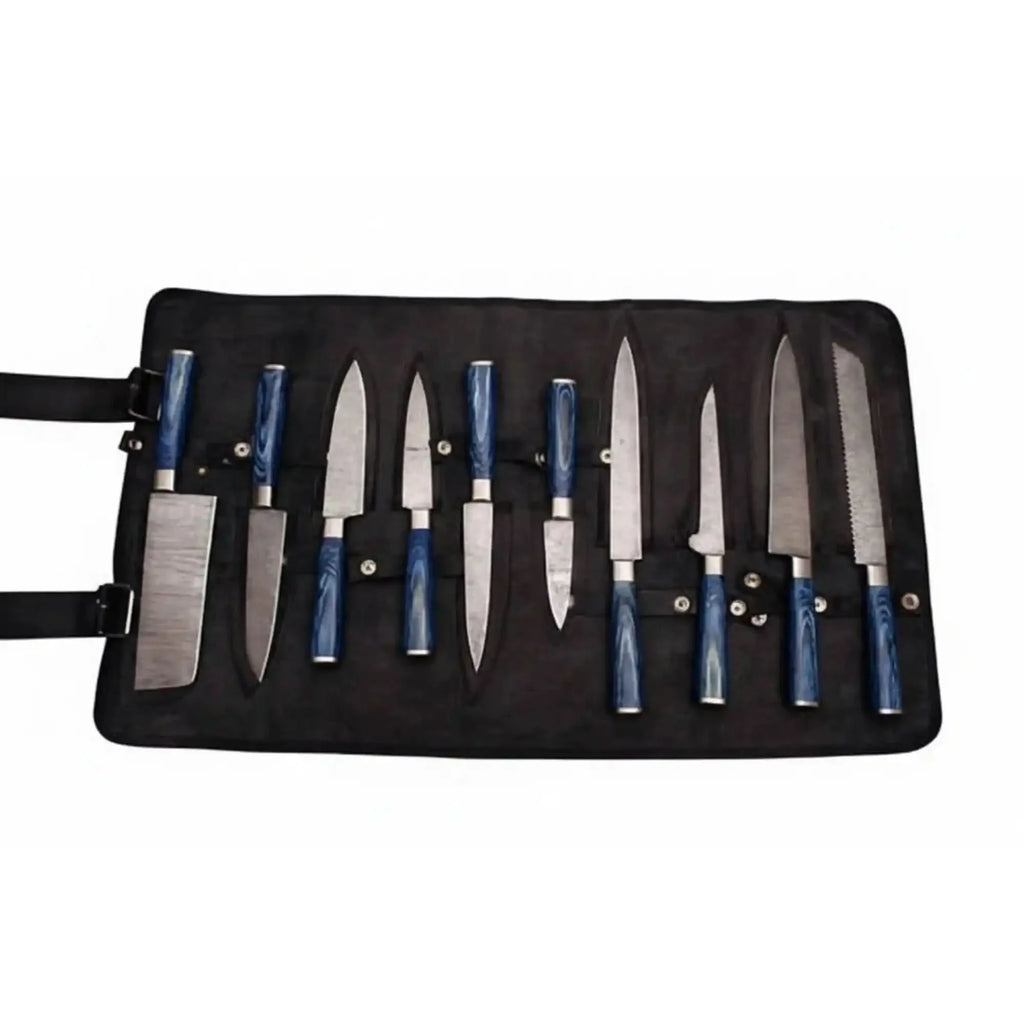 10-Piece Handmade Damascus Kitchen Knife Set – Blue Pakkawood Handles | Chef, Santoku, Cleaver, Bread, Slicing, Boning, Utility & Paring