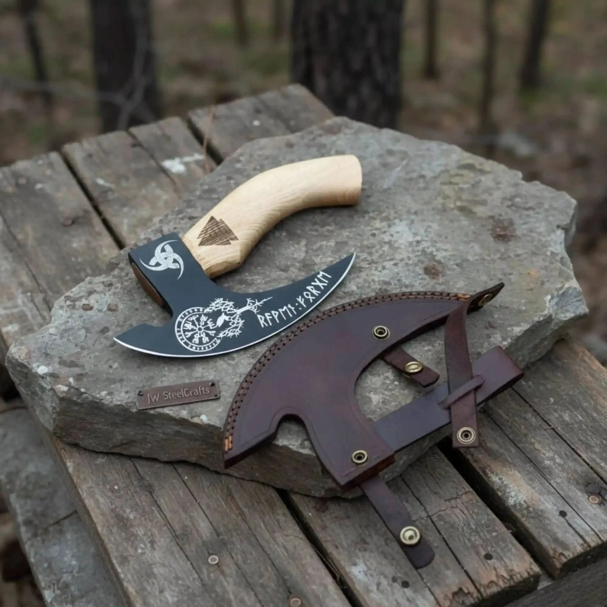 Viking Style Engraved Bearded Axe – Oak Wood Handle