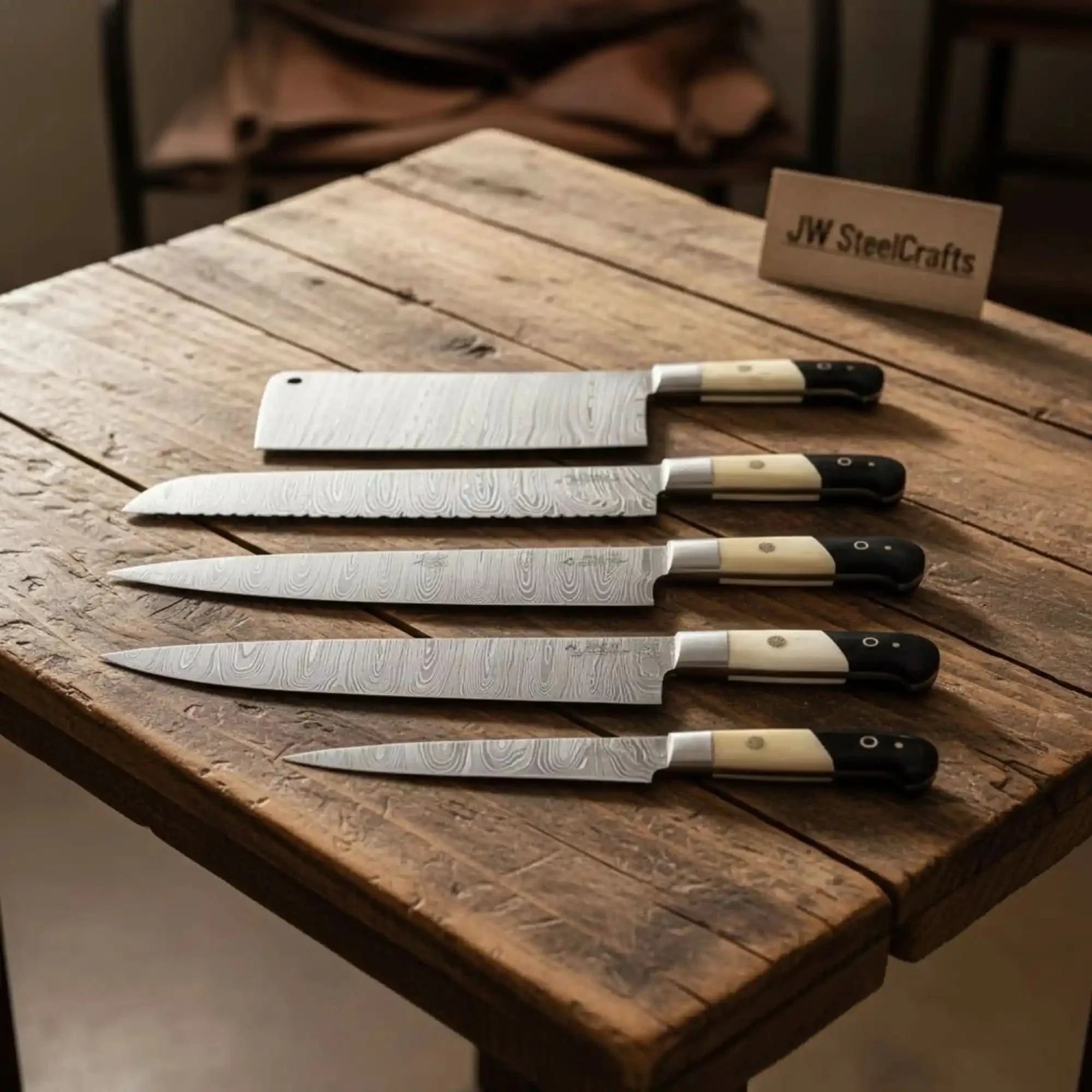5-Piece Damascus Kitchen Knife Set — Chinese Cleaver, Bread, Carving, Chef & Boning with Bone and Wood Handles