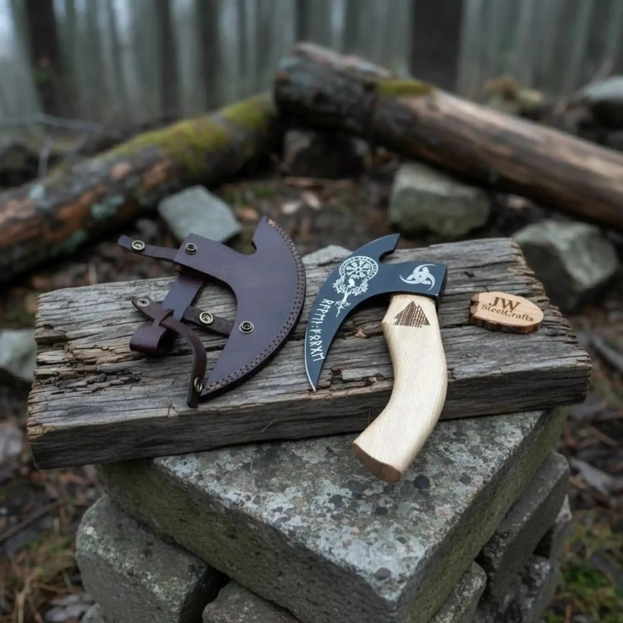 Viking Style Engraved Bearded Axe – Oak Wood Handle