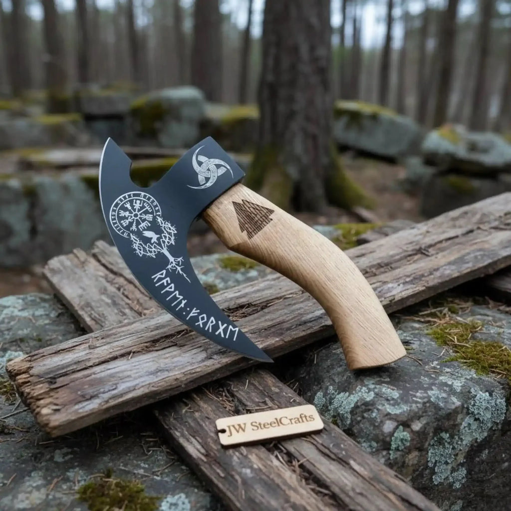 Viking Style Engraved Bearded Axe – Oak Wood Handle