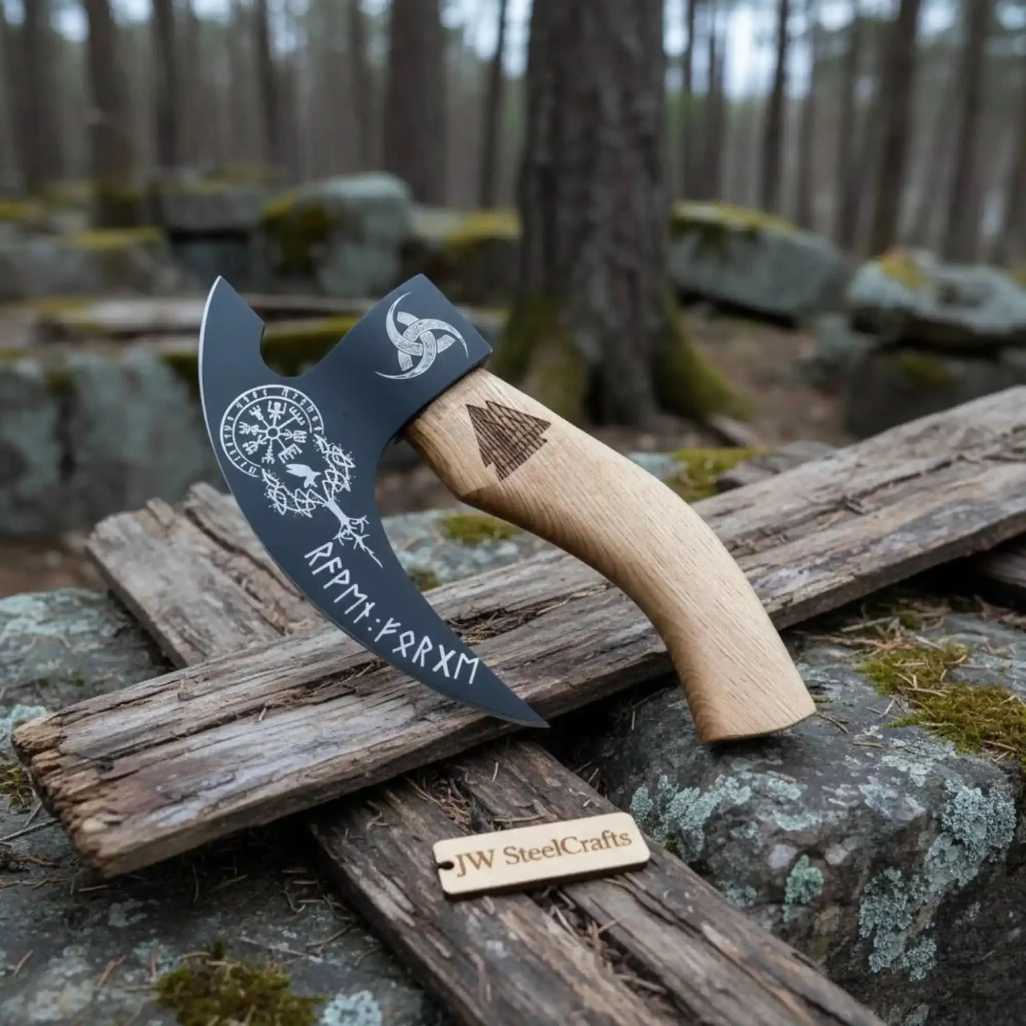 Viking Style Engraved Bearded Axe – Oak Wood Handle