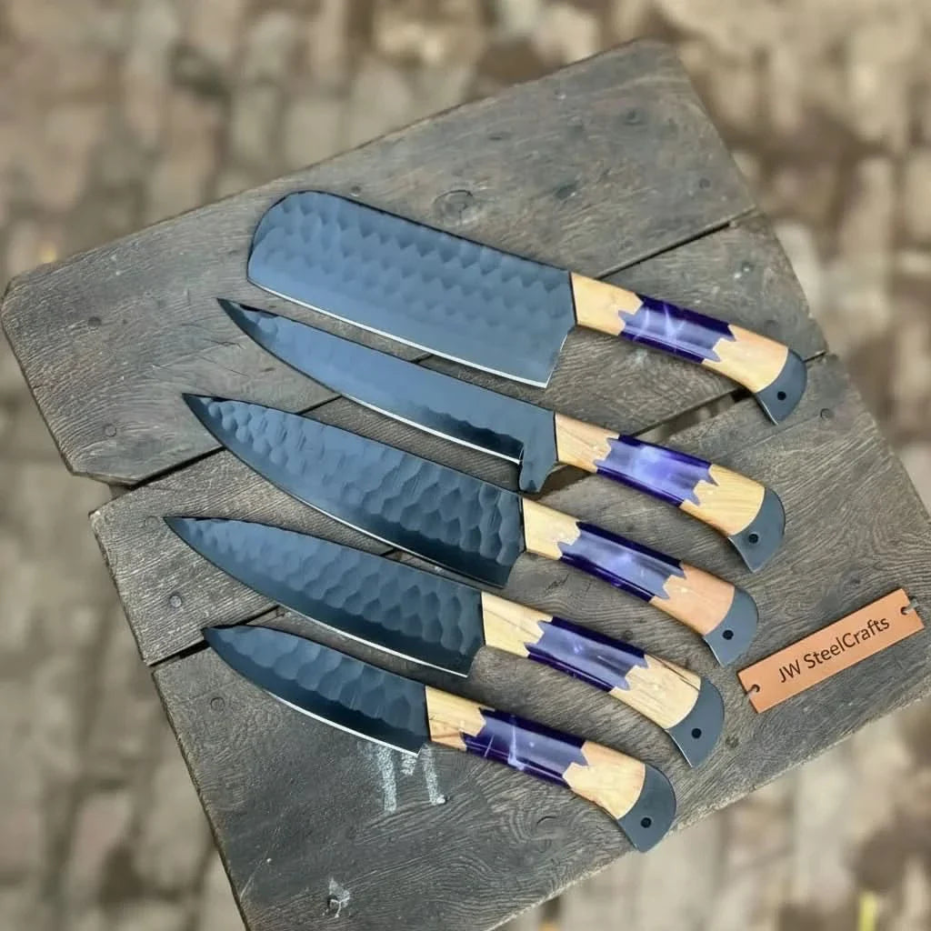 5-Piece Hand-Forged Chef Knives Set – Black Blades, Purple Resin & Olive Wood Handles