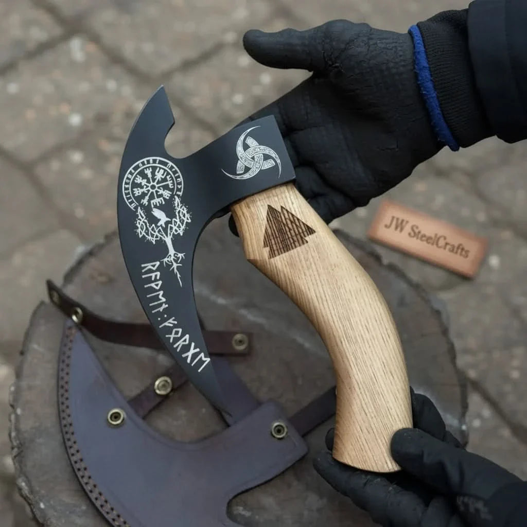 Viking Style Engraved Bearded Axe – Oak Wood Handle