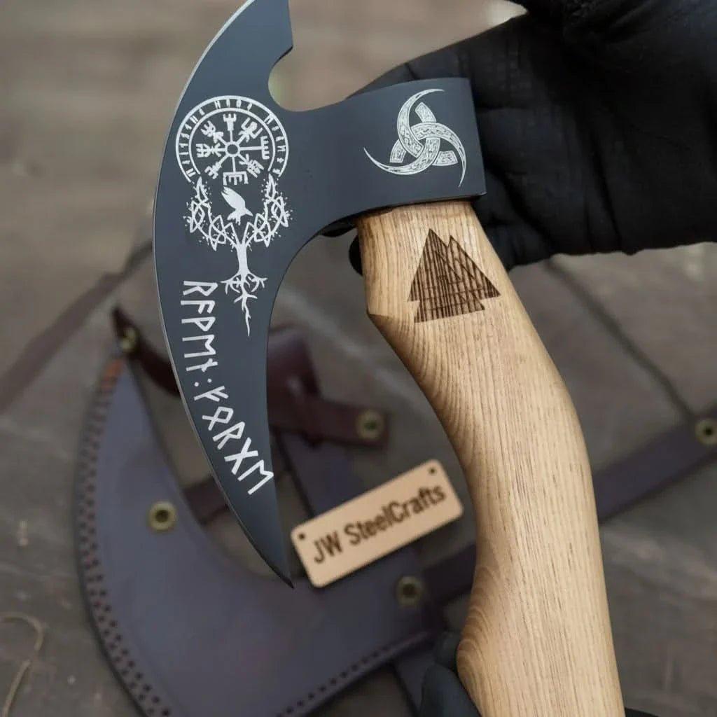 Viking Style Engraved Bearded Axe – Oak Wood Handle