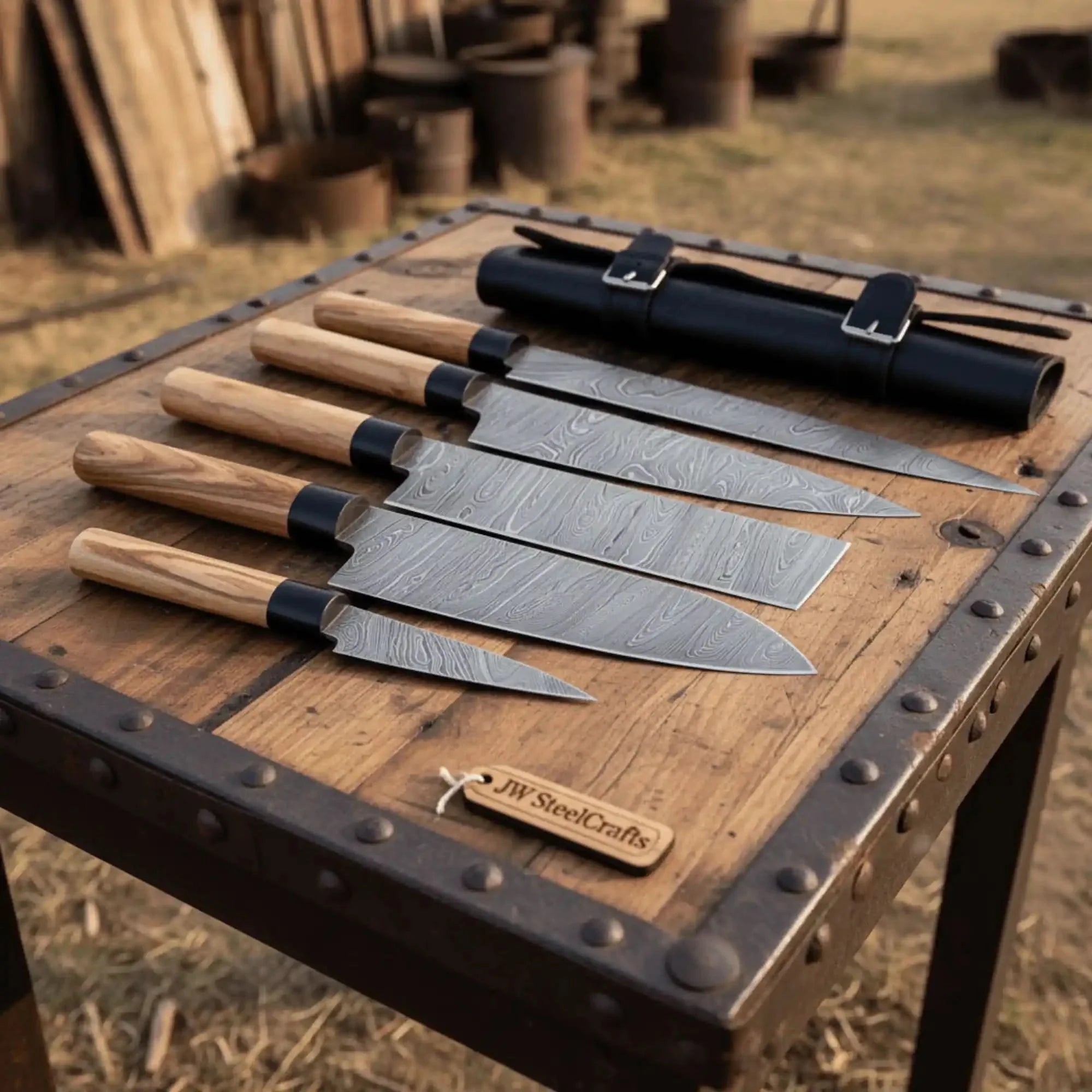 4-Piece Twisted Damascus Kitchen Knife Set — Chef, Nakiri, Slicer & Paring with Olive Wood Wa Handles & Black Leather Roll | JW Steel Crafts
