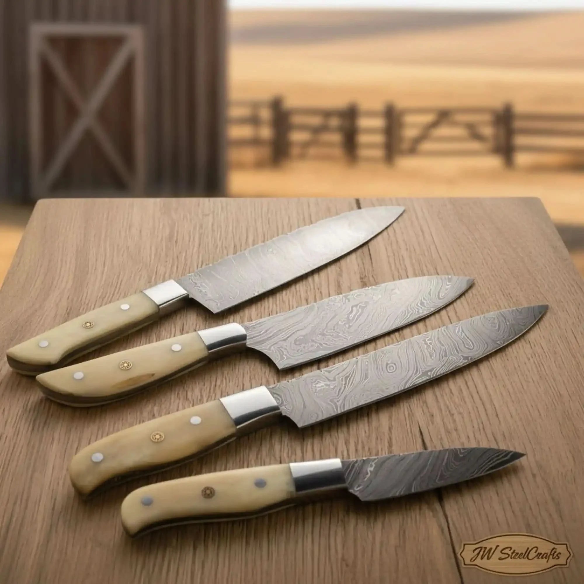 4-Piece Damascus Kitchen Knife Set — Bunka, Gyuto, Utility & Paring with Camel Bone Handles
