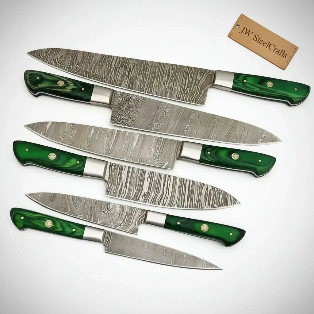 6-Piece Damascus Kitchen Knife Set with Green Wood Handle - Professional Cooking Collection