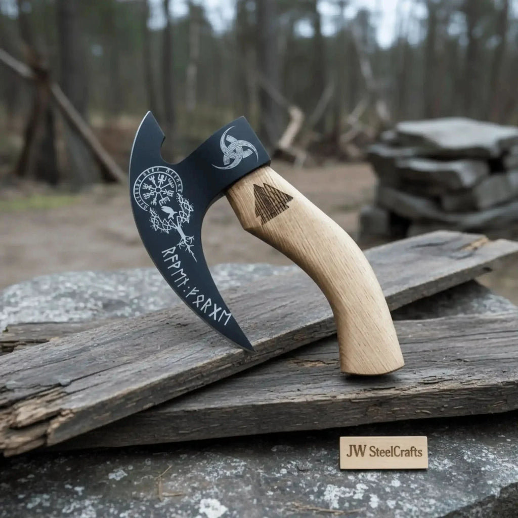 Viking Style Engraved Bearded Axe – Oak Wood Handle