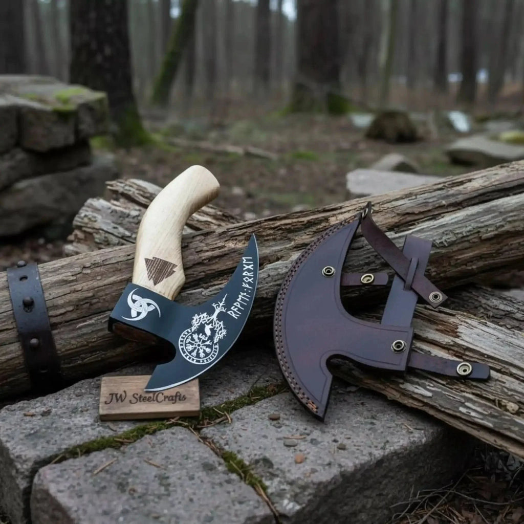 Viking Style Engraved Bearded Axe – Oak Wood Handle