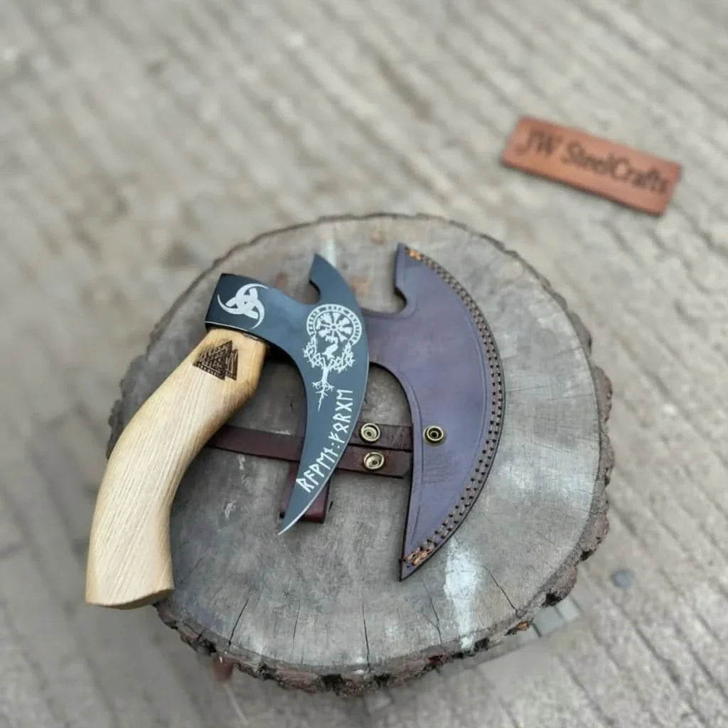 Viking Style Engraved Bearded Axe – Oak Wood Handle