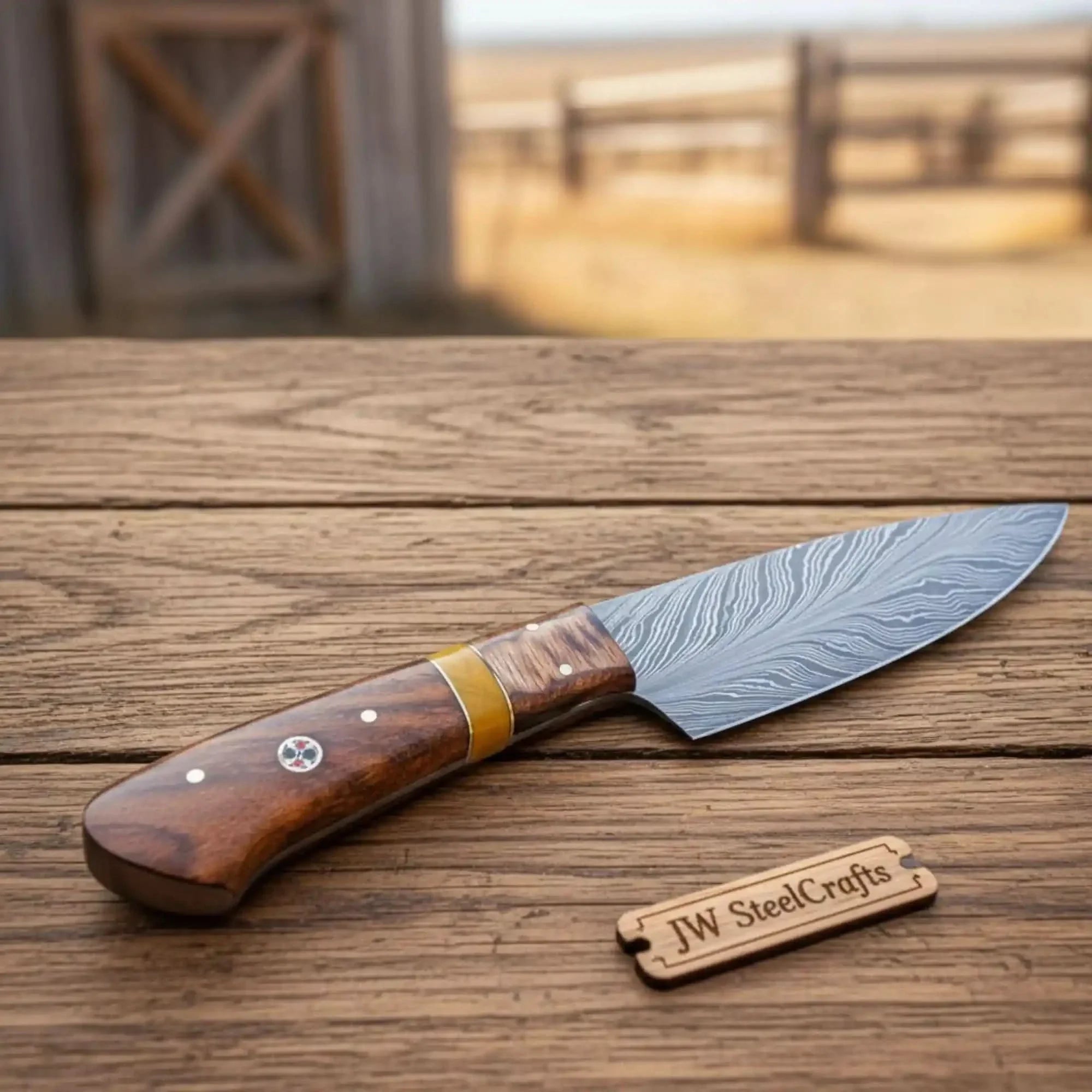 3 Piece Feather Pattern Damascus Knife Set, Handmade Chef, Santoku and Utility Knives with Pakka Wood Handles, Professional Kitchen Cutlery Set JW SteelCrafts